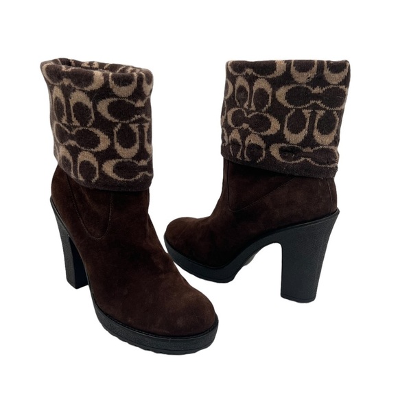 Coach Chestnut Brown Suede Laurette Sweater Knit Heeled Boots size 7 Women’s - Picture 1 of 11